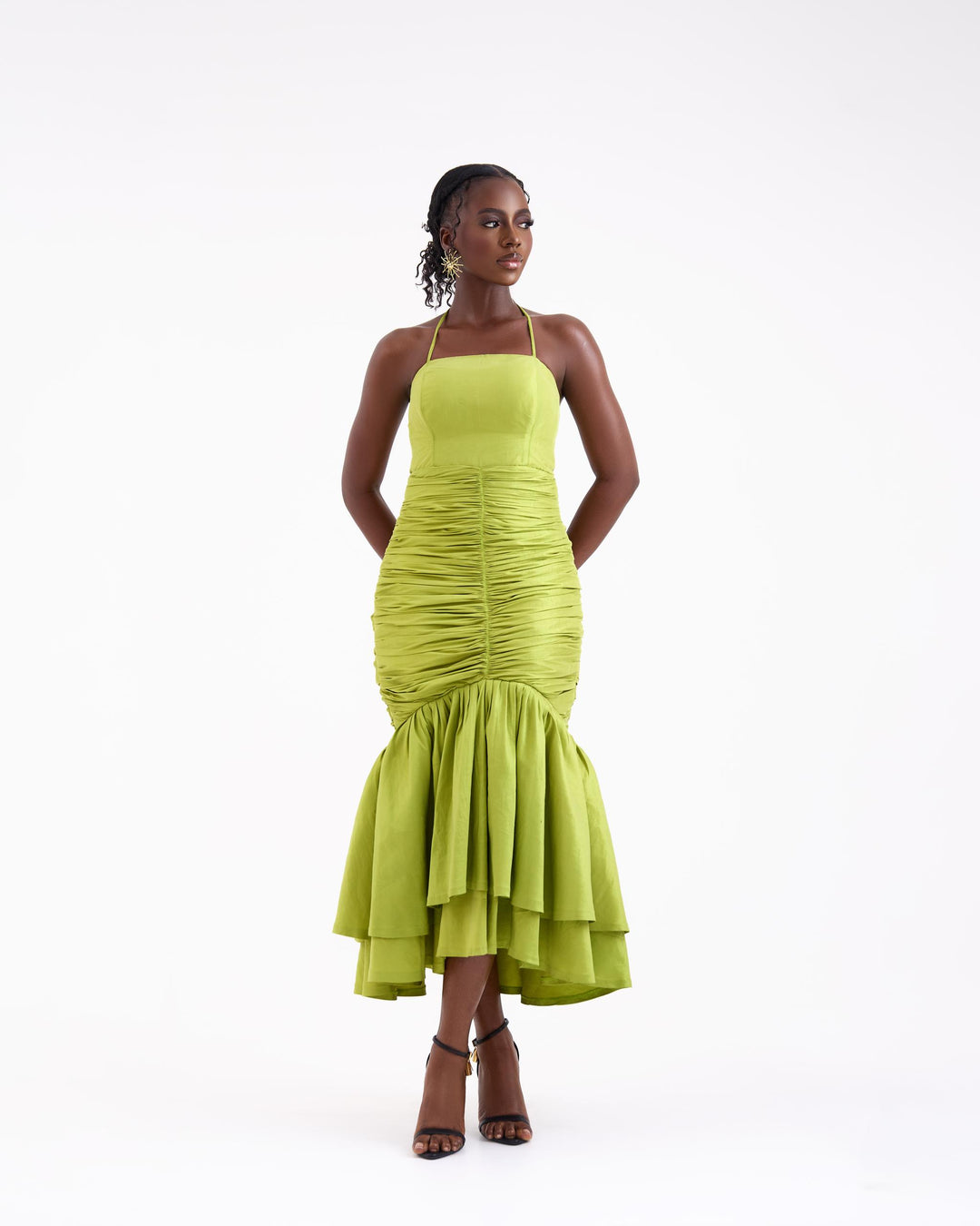 piper asymmetrical midi dress Piper Draped Tie Mesh Midi Dress in Yellow - Size 0 to 12